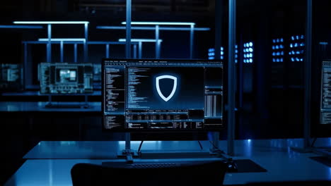 cybersecurity control room with shield icon and code displayed on monitors