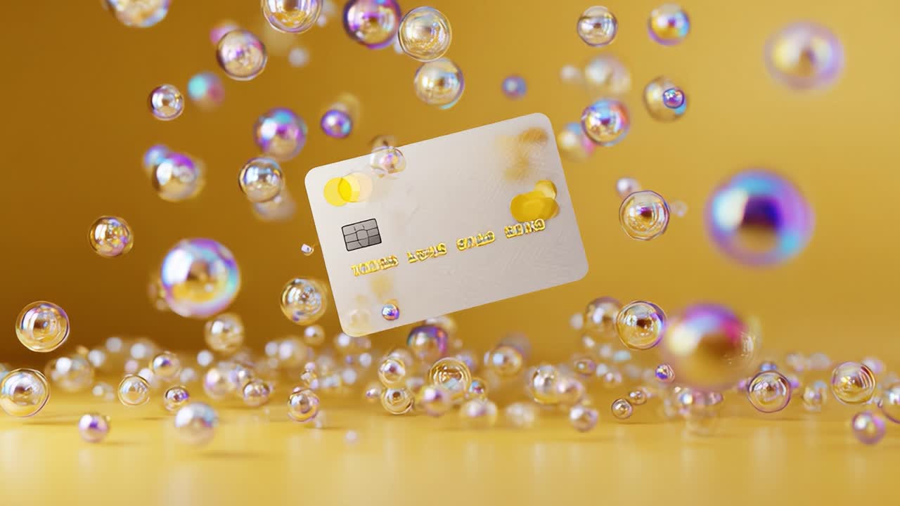 Floating Credit Card Surrounded by Bubbles on a Vibrant Yellow Background, Representing Modern Payment Methods and Financial Transactions in a Playful and Eye-Catching Visual