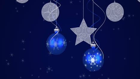 Animation-of-baubles,-stars-and-snow-falling-on-dark-blue-background