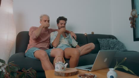 gay couple watching a video call on laptop
