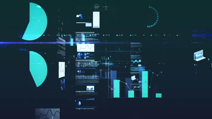 Animation of multiple graphs, loading circles and computer language against black background