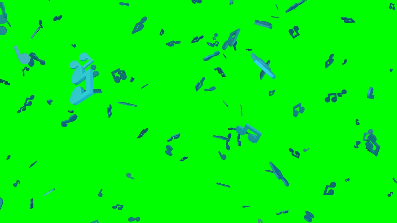 Falling blue musical notes on green chroma key background.