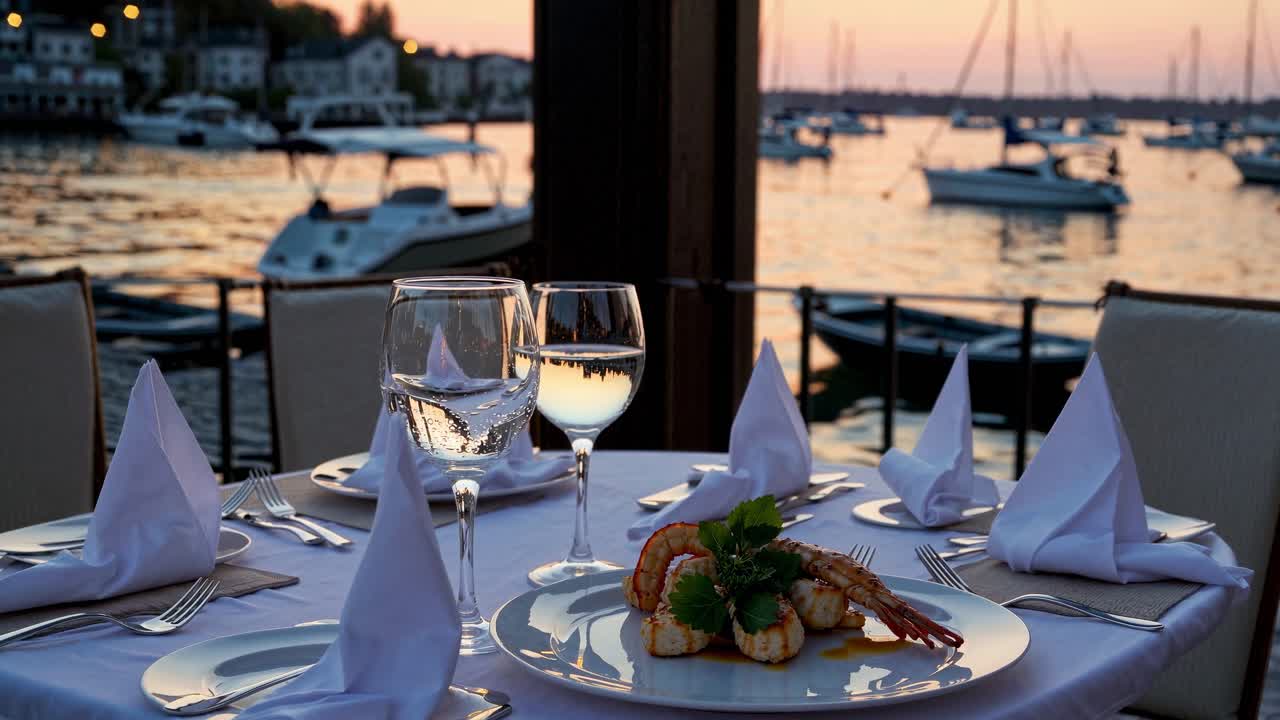 Glasses of white wine and a plate of delicious seafood are served on a table set for two, overlooking a picturesque harbor at sunset, creating a romantic and luxurious dining atmosphere