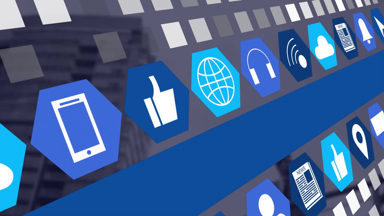 Animation af ikoner for sociale medier over et bybillede