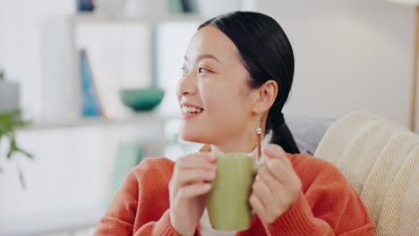 thinking, coffee and asian woman on couch