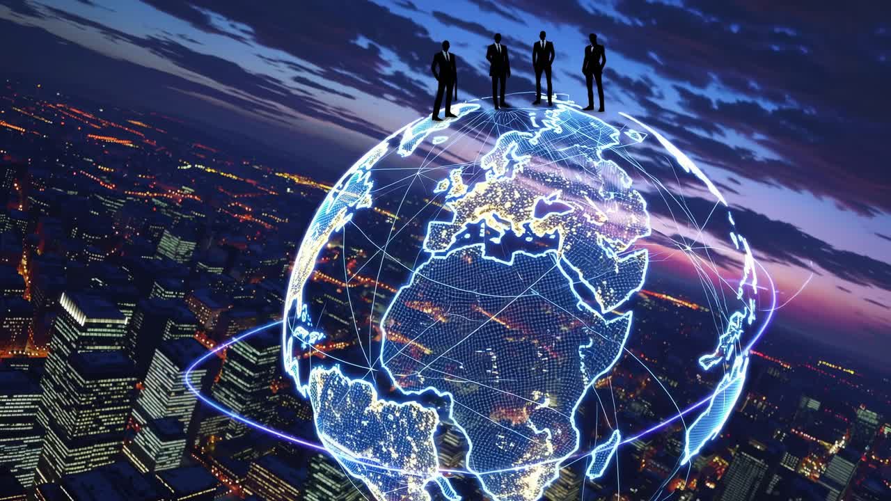 Aerial view of a digital globe over a cityscape at dusk, with silhouettes of people standing on top