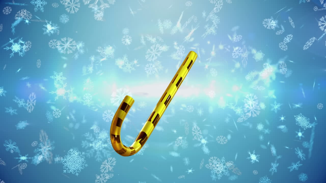 크리스마스의 애니메이션 금 사탕 막대기와 파란색 배경에 내리는 눈