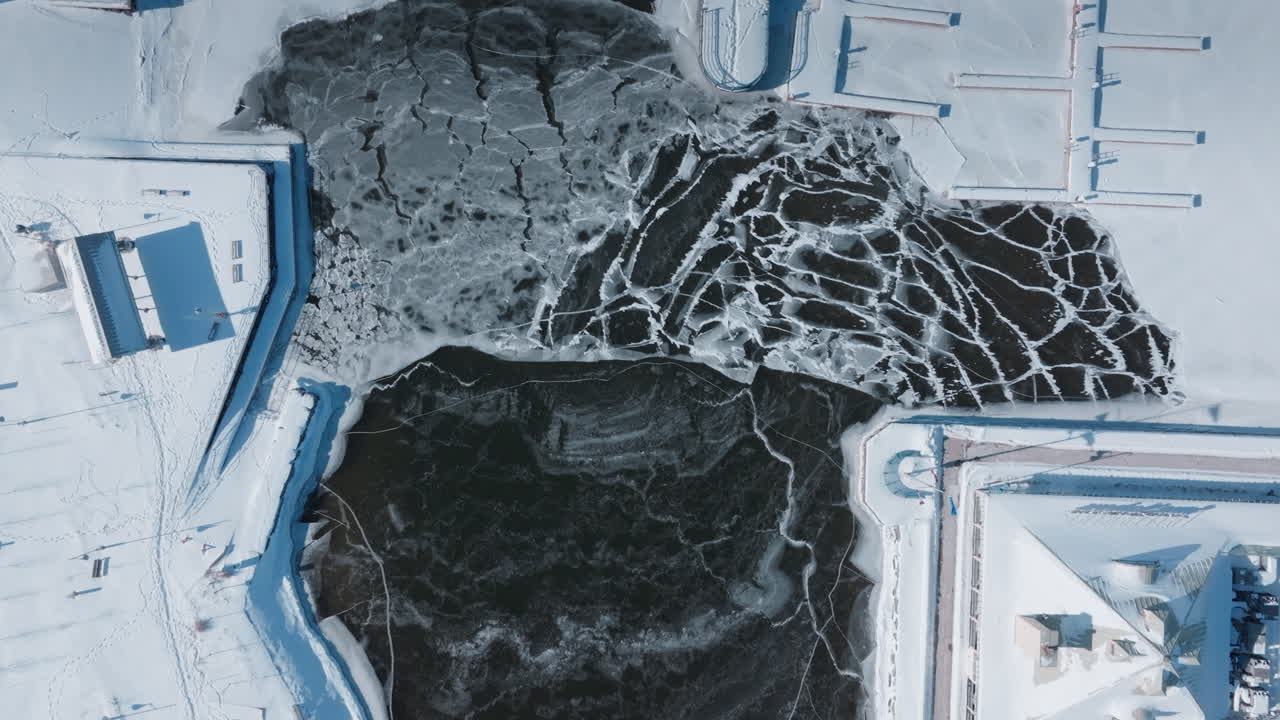 Aerial view of frozen lake in winter Port Credit, Mississauga, Toronto
