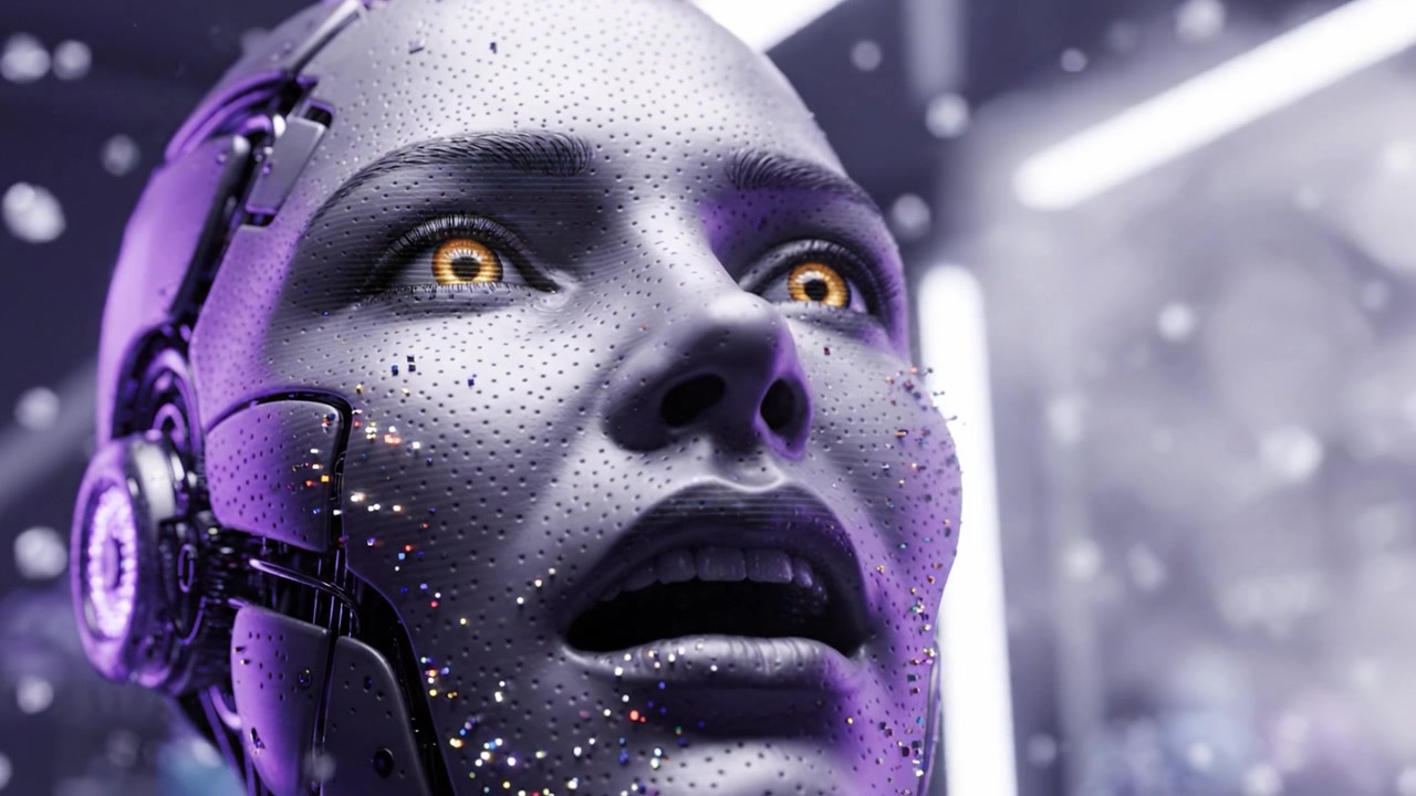 Volto robotico futuristico con tratti espressivi, che mostra dettagli intricati, occhi luminosi e un'atmosfera nebbiosa in un ambiente visivamente accattivante.