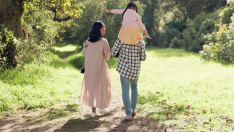 Back,-walking-and-family-in-a-forest