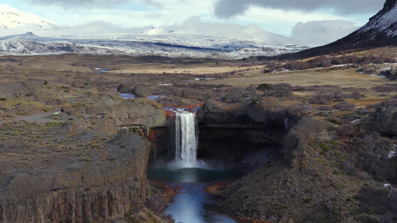 Aerial footage captures the powerful Agrio Waterfall cascading in Caviahue, Neuquén, Argentina