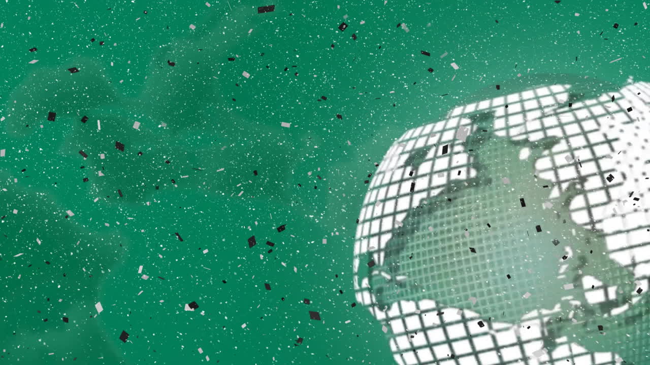 그리드 패턴과 녹색 배경에 떠다니는 입자 애니메이션을 가진 지구