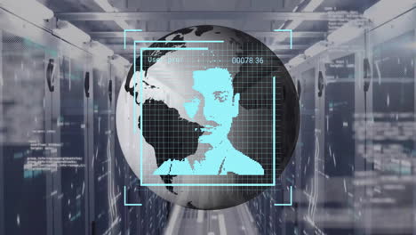 animation of data processing with people icons and globe over server room