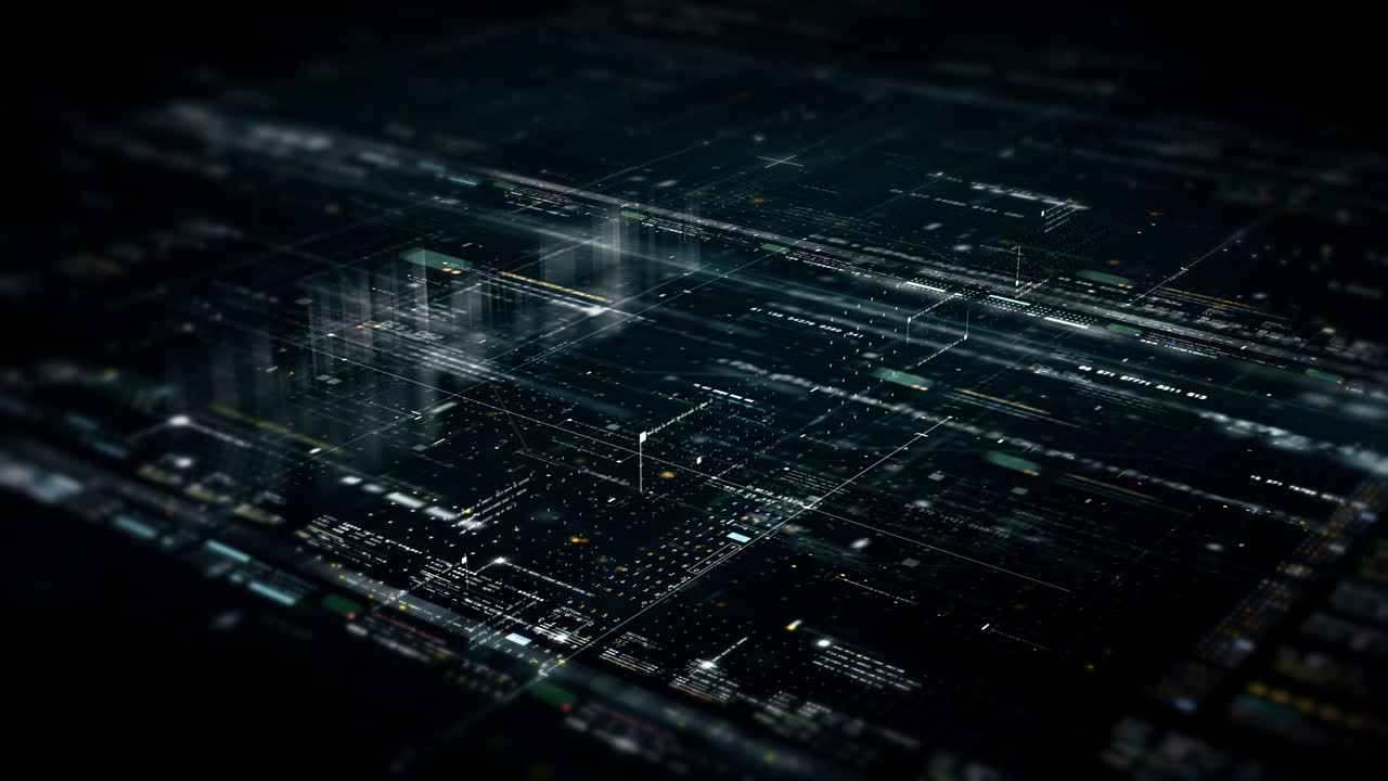Futuristic abstract de-focus flowing data matrix, meta, metaverse, telemetry and encrypt numbers display with particles simulation in cyber space environment for head up display background