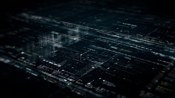 Matrice di dati astratta futuristica sfocata in scorrimento, meta, metaverso, visualizzazione di telemetria e numeri criptati con simulazione di particelle in un ambiente cyberspazio per sfondo HUD.