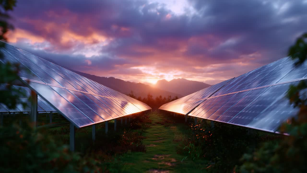 Tramonto incantevole su pannelli solari in un paesaggio lussureggiante: una straordinaria vetrina di energia rinnovabile e bellezza naturale illuminata dalla luce della sera