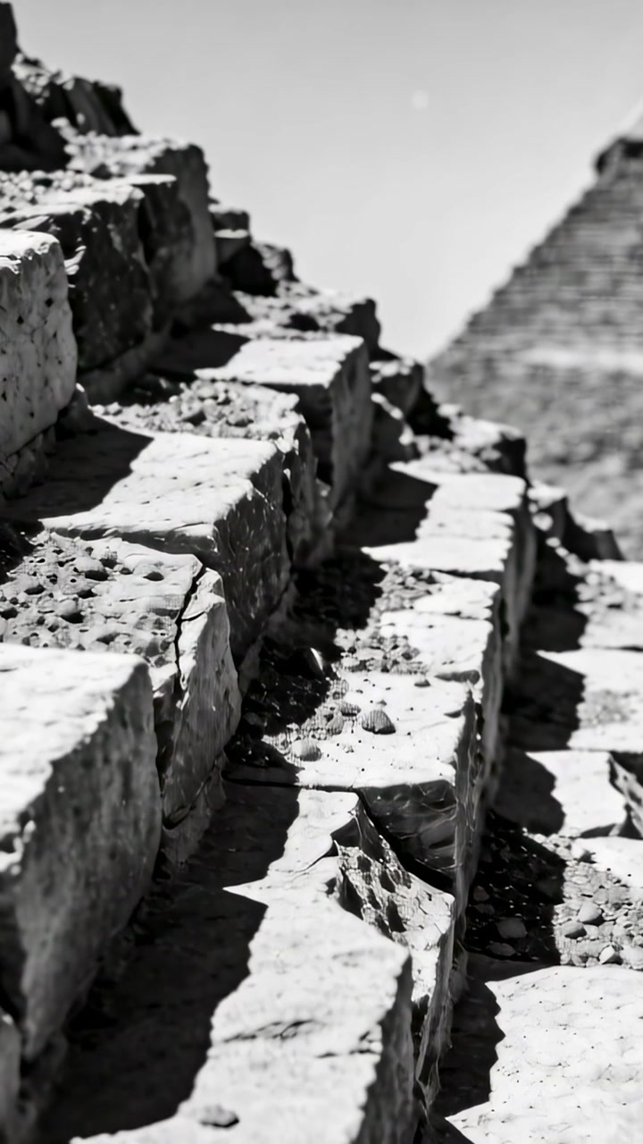 Vertikal video: Kamera skifter og avslører steintrapper ved ruiner, viser småstein og en pyramide i det fjerne.