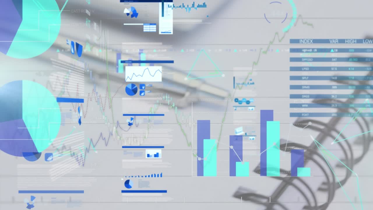 Animation of data processing over calculator and pen