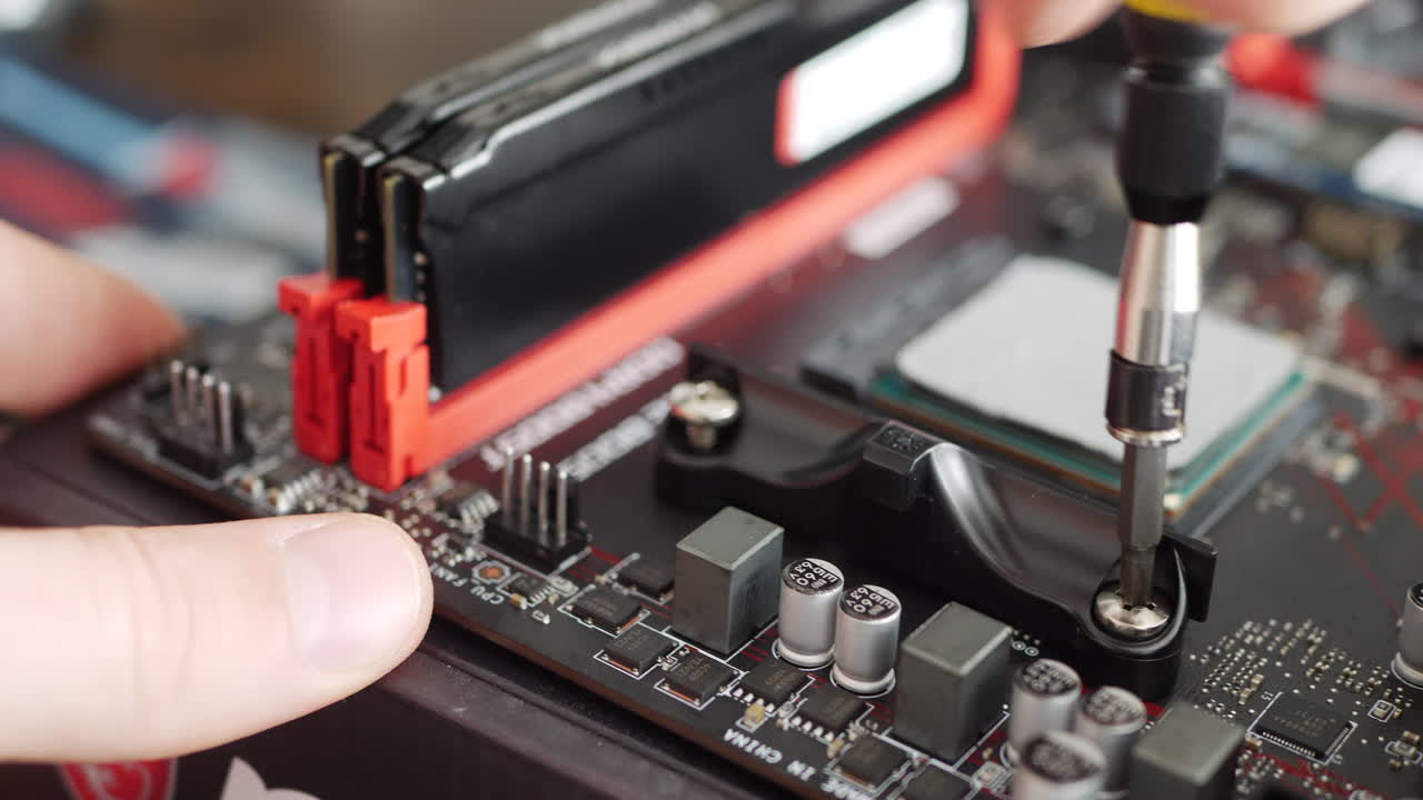 A computer repair technician installing a new gaming pc cpu on a motherboard with a screw driver tool