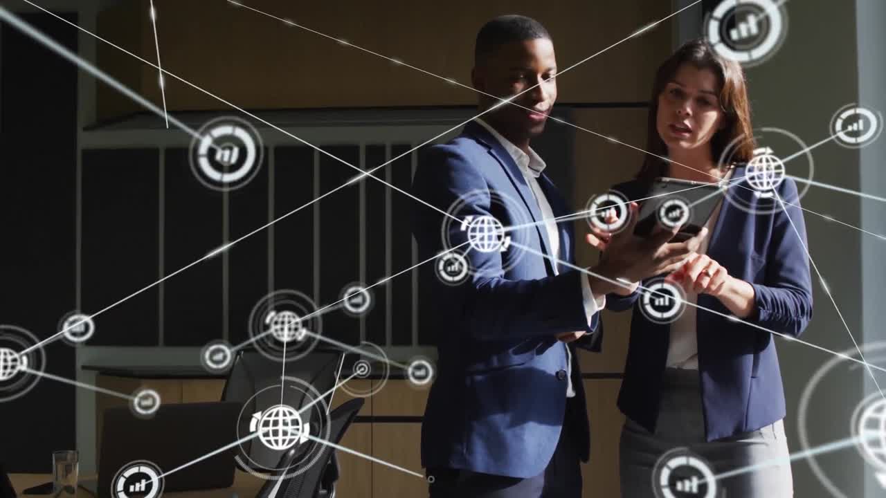 Animation of network of connections over diverse businesspeople in office