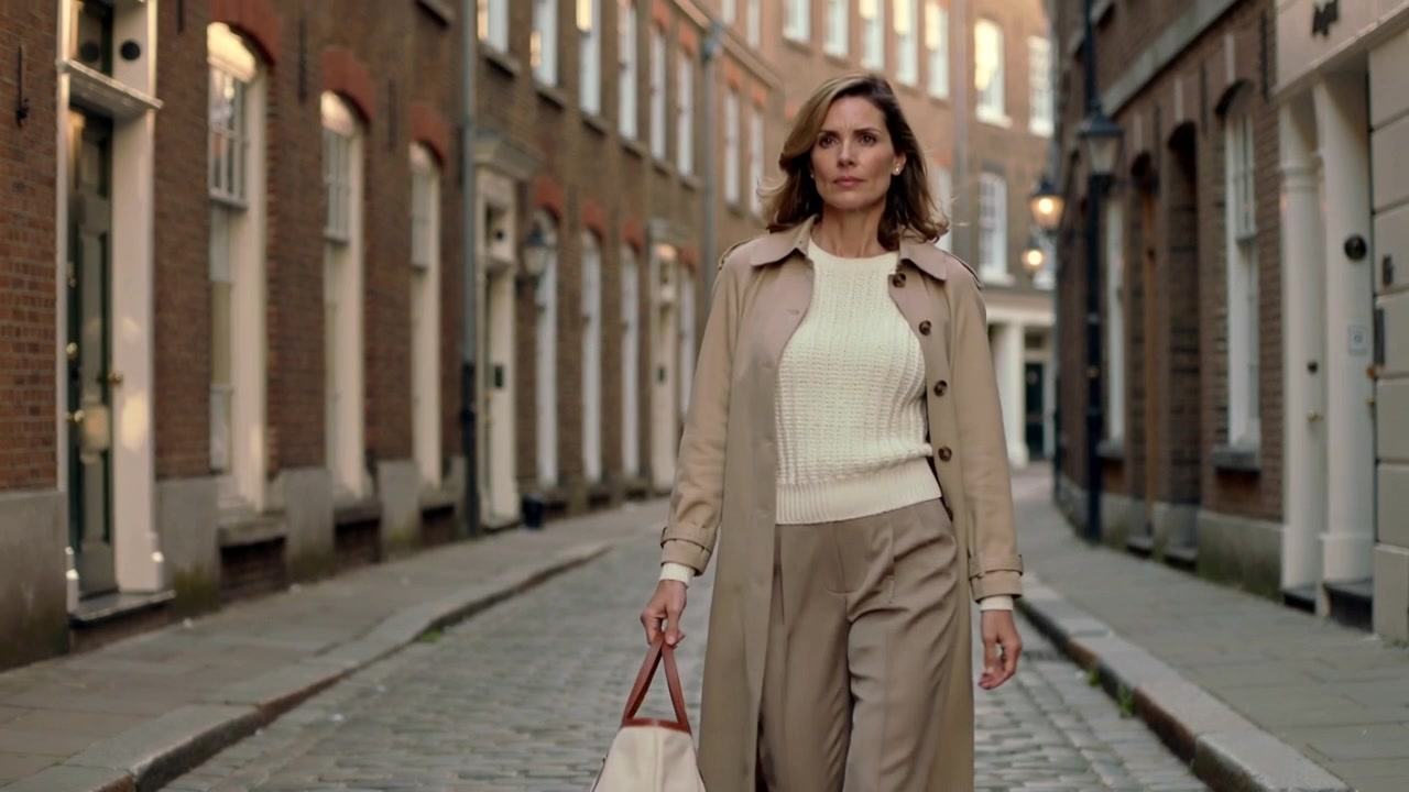 Donna con trench color cammello che cammina verso la telecamera su una strada acciottolata con una borsa tote bicolore, per lavoro