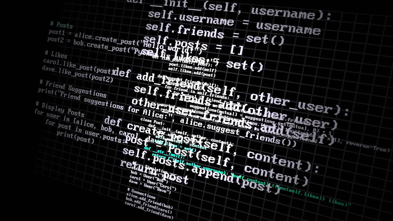 Animated computer code text overlays display social network references
