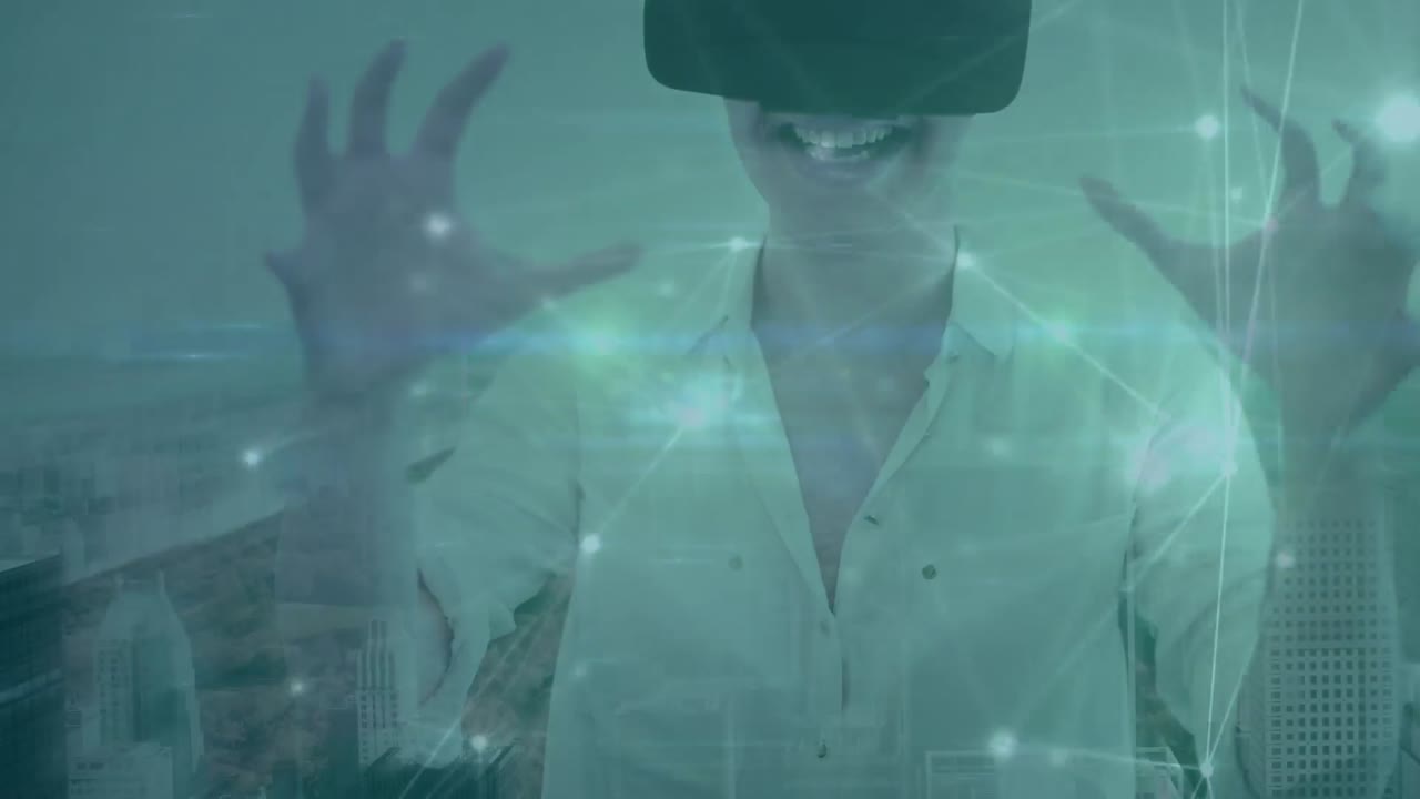 Glowing network of connections over woman wearing vr headset against cityscape