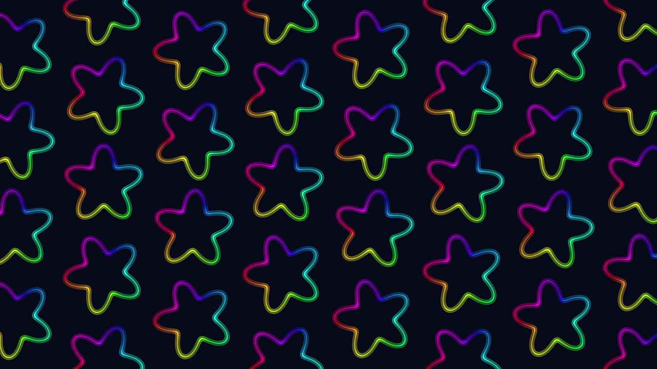 Vibrant and colorful star pattern on a black backdrop. Stars in varying shades of blue, purple, and pink fill the image in a recurring design