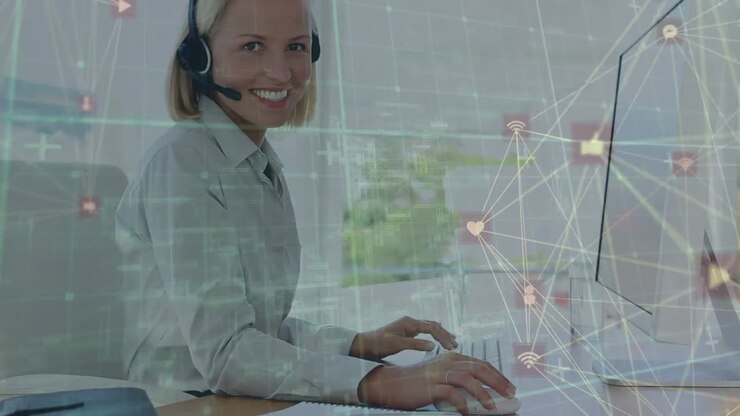Animazione di una rete di connessioni con icone sovrapposte a una donna d'affari caucasica in ufficio