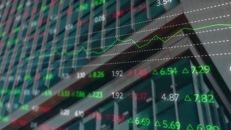 animation of financial data processing over modern office building