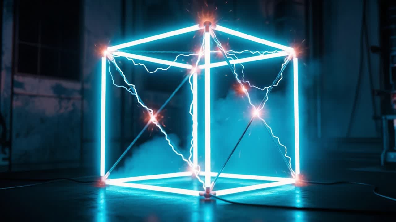 A Dynamic Display of Energy: A Neon Light Cube Surrounded by Electric Sparks and Lightning Effects in a Dimly Lit Environment