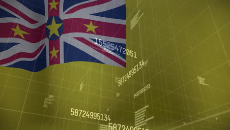 waving niue flag with animation of floating numerical data over digital grid