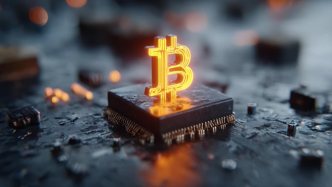 Illuminated Bitcoin Symbol on a Circuit Board: A Digital Vision of Cryptocurrency Technology and Future Innovation