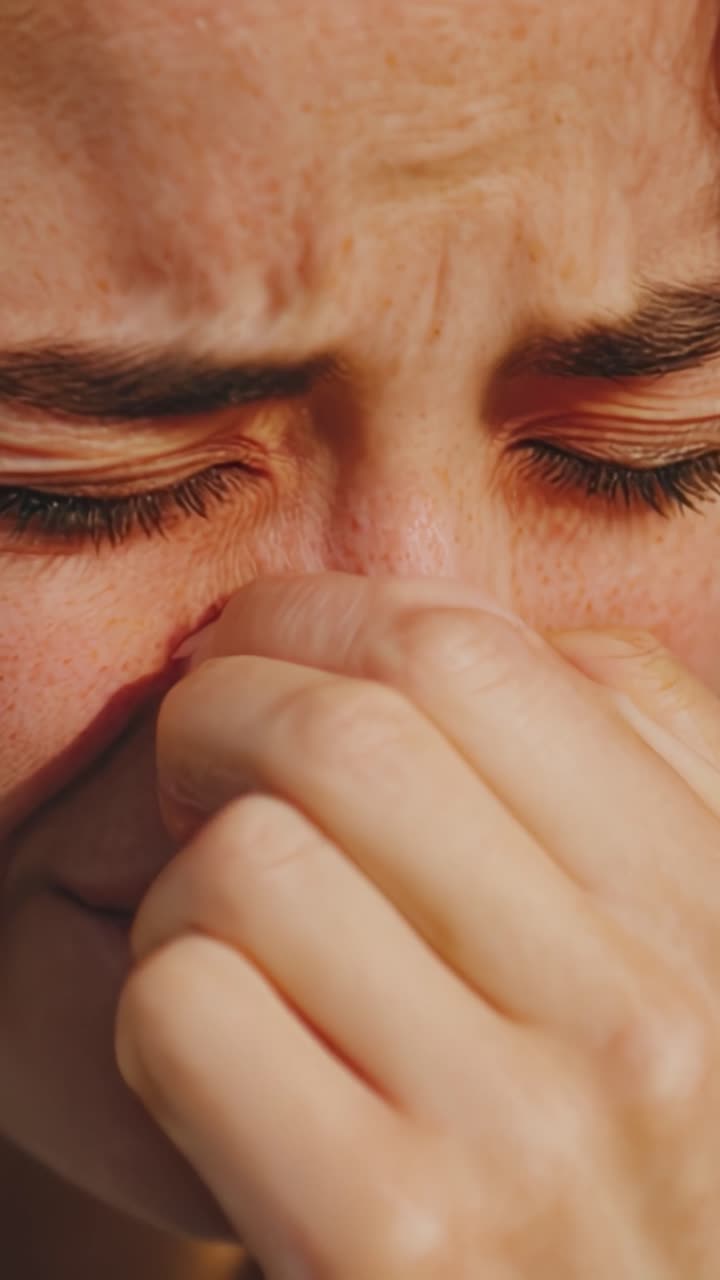 A Deep Emotional Moment Captured: Close-Up of a Woman Expressing Raw Feelings with Tears in Her Eyes While Holding Her Face in Distress
