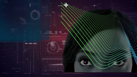 Animation-of-data-processing-and-lines-moving-over-woman-face