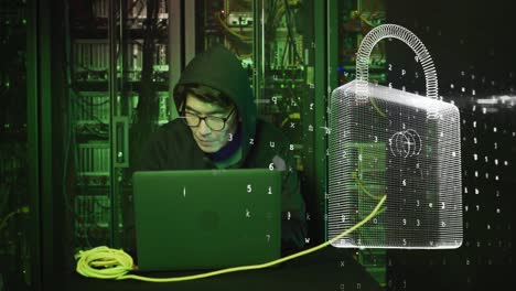 animation of digital padlock over asian man working in server room