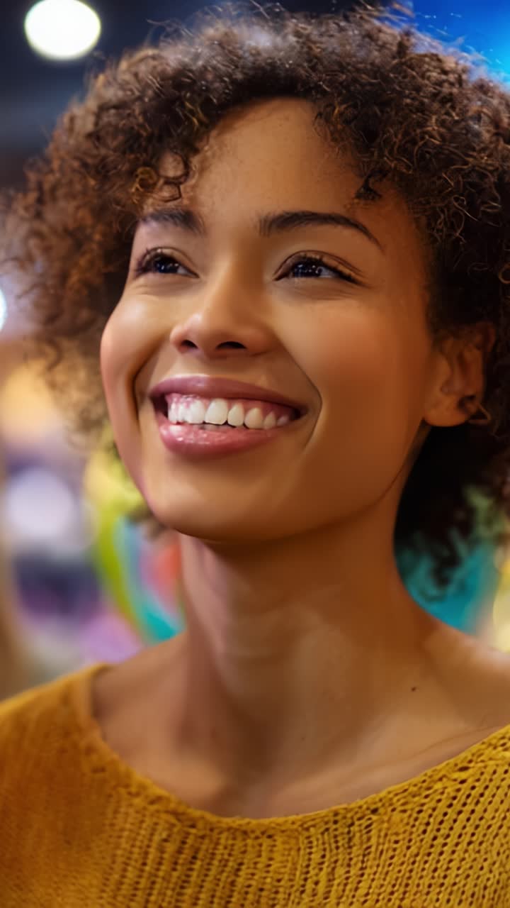 Um momento de alegria capturado em um cenário vibrante, mostrando uma mulher de cabelos cacheados e um sorriso caloroso, personificando felicidade e positividade em uma atmosfera artística.