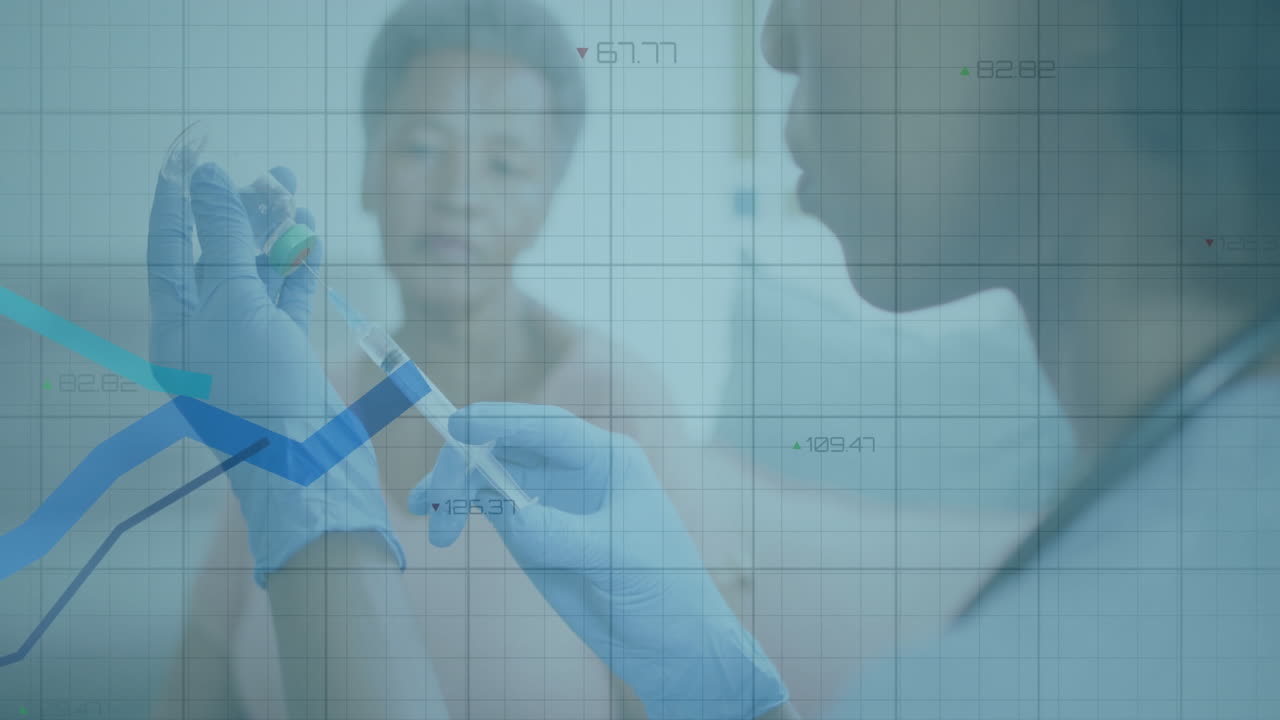 Healthcare professional administering vaccine injection to patient in clinic, with animated graphs