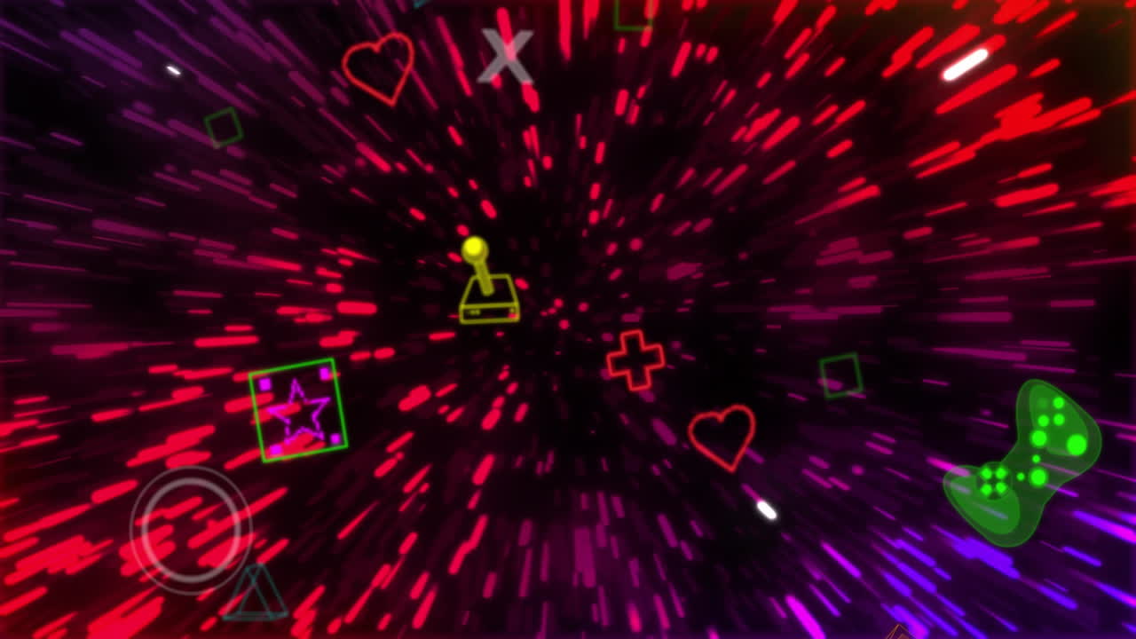 Animation of game icons over light trails on black background