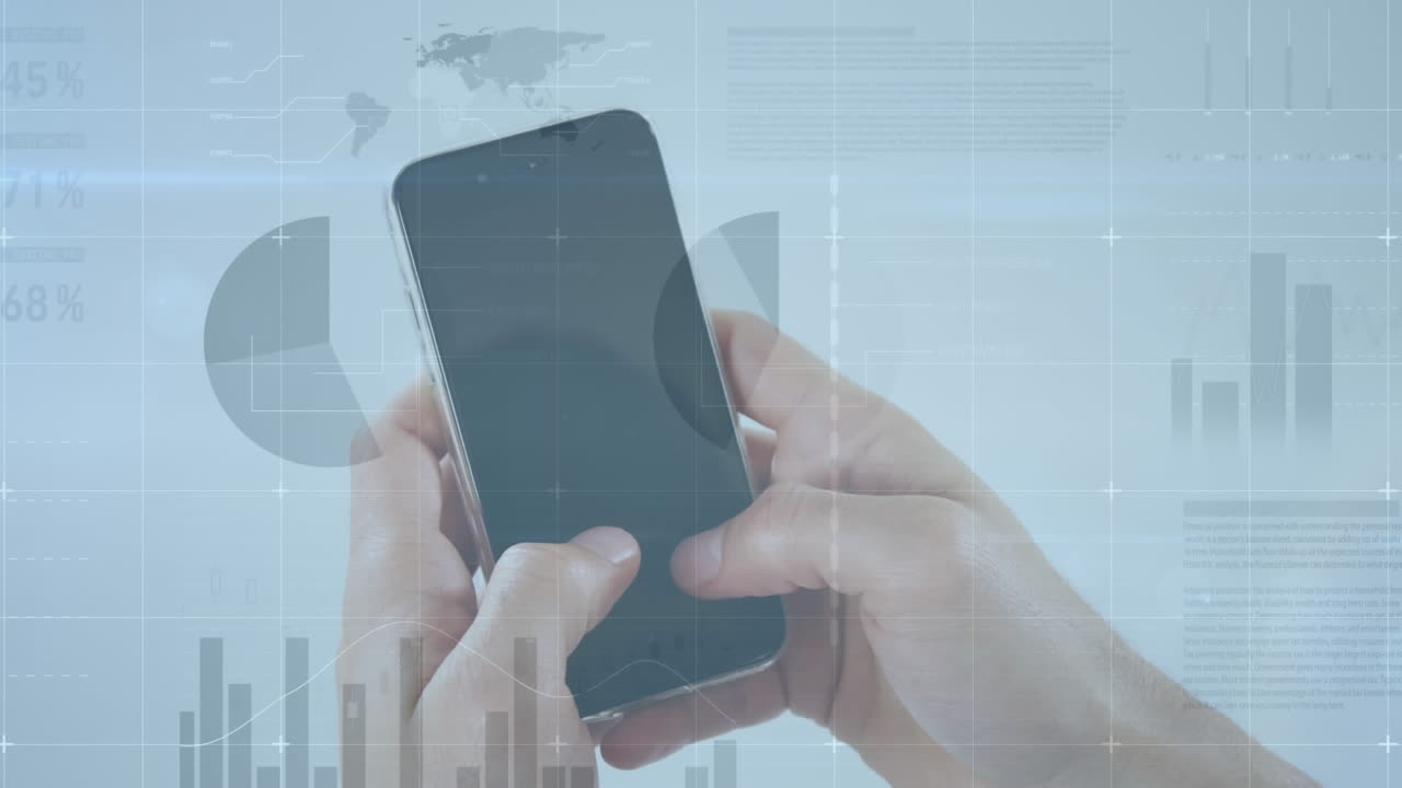 스마트 폰을 사용하는 백인 남성에 대한 금융 데이터 처리 애니메이션