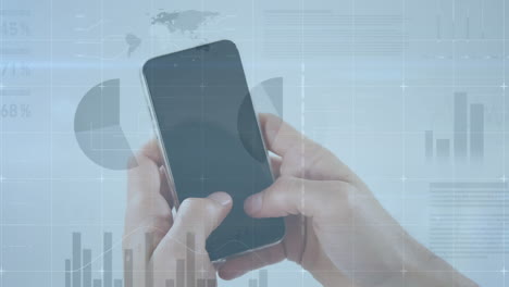 animación del procesamiento de datos financieros sobre un hombre caucásico que usa un teléfono inteligente