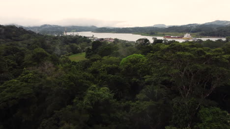 aerials footage of a cargo ship sailing down a vast river through a lush forest passing by a quaint harbor