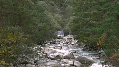 River-with-waterfall-in-background-and-autumn-trees-on-the-river-banks-in-Nagano,-Japan