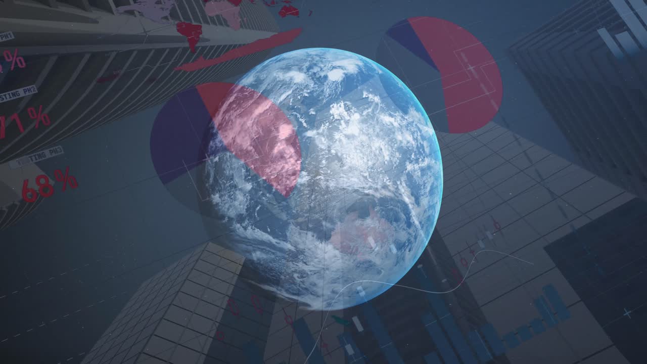 지구와 인포그래픽 인터페이스의 애니메이션, 하늘에 대한 건물의 낮은 각도 뷰를 통해 지구