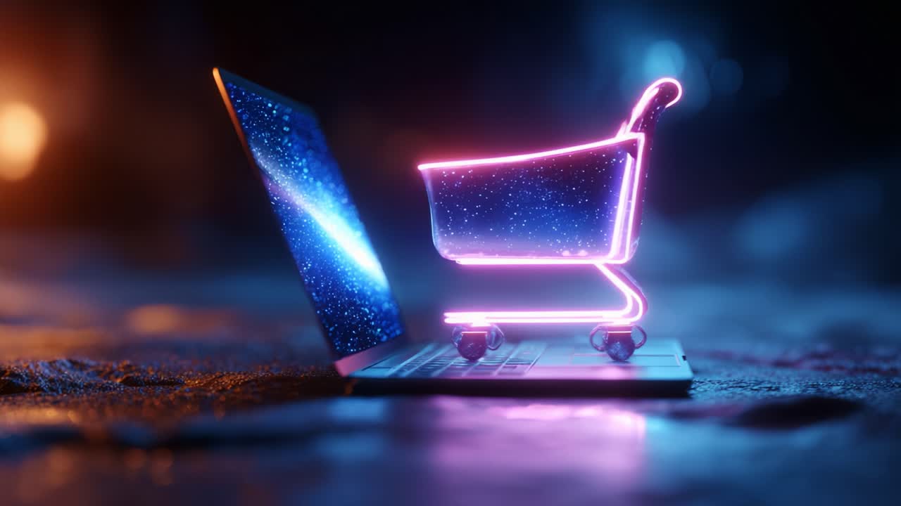 A Futuristic Shopping Experience: Neon Shopping Cart Illuminating a Laptop Displaying a Cosmic Background, Representing E-Commerce and Digital Retail Innovations