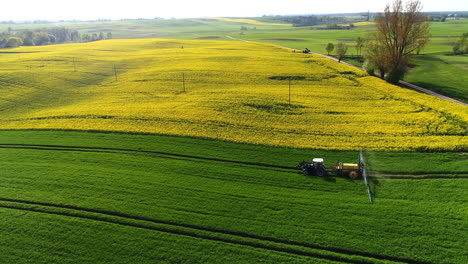 Tractor-with-trailer-and-wide-metal-arm-with-nozzles-spraying-pesticides-over-the-green-field-with-yellow-rapeseed-field-in-the-background