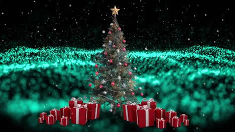 Animation-of-christmas-tree-over-moving-glowing-wave-of-green-dots-on-dark-background
