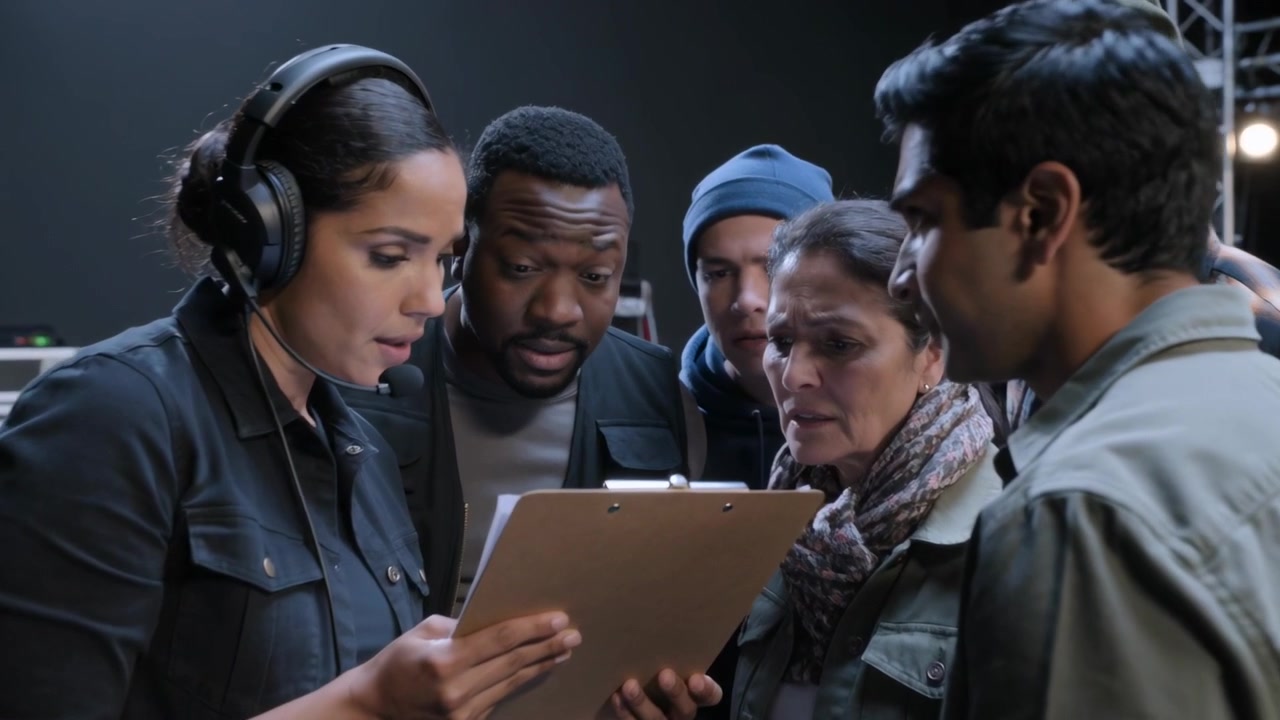 Reviewing clipboard headset-clad crew lead pointing on stage, directing crew to lighting truss