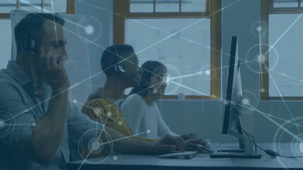 Animation of connected dits over diverse call center agents talking over headsets and using computer