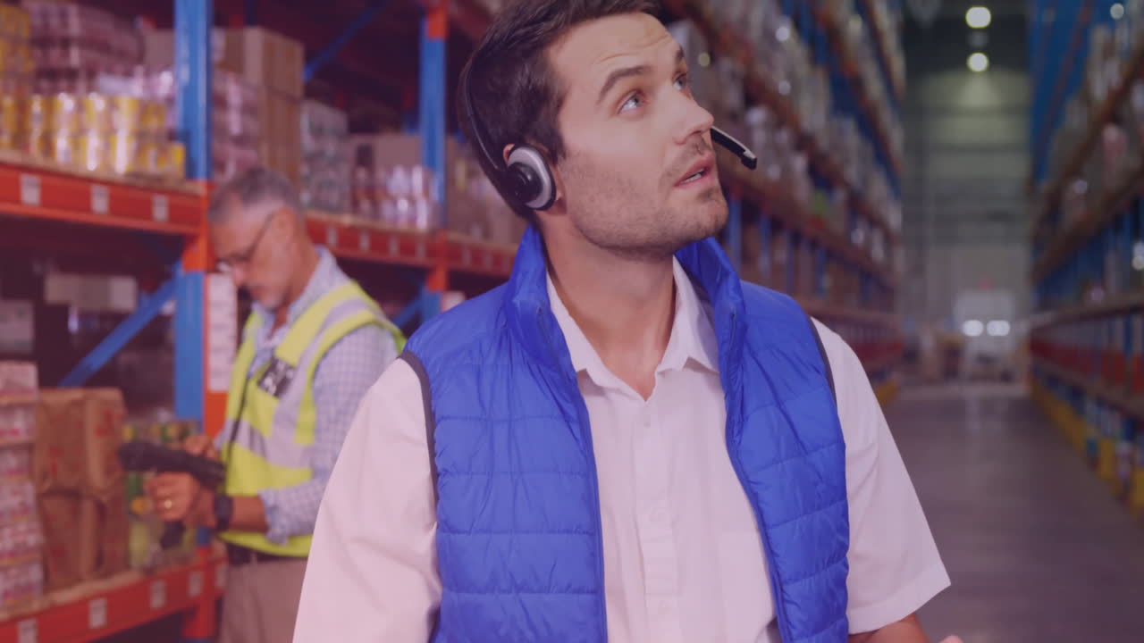 взгляд вверх, работник склада в наушниках, анимация управления запасами на полках